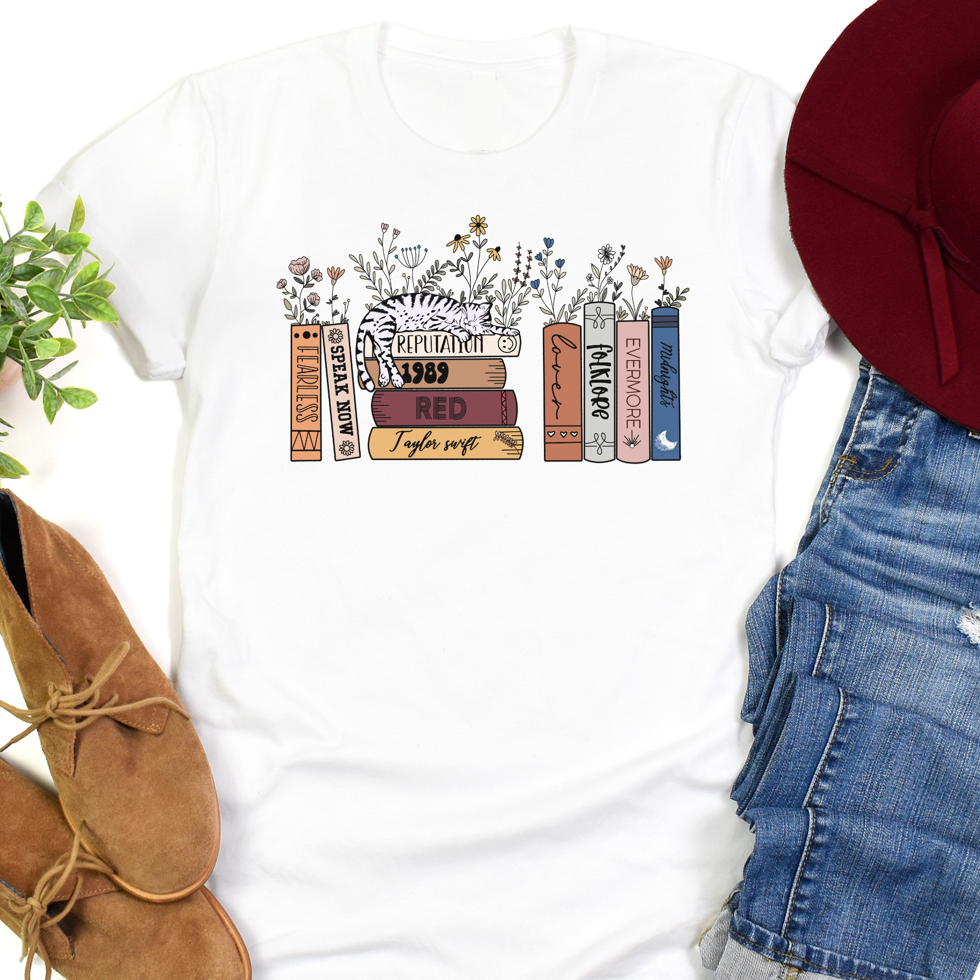 Taylor Swift Album Books with Cat White Tee