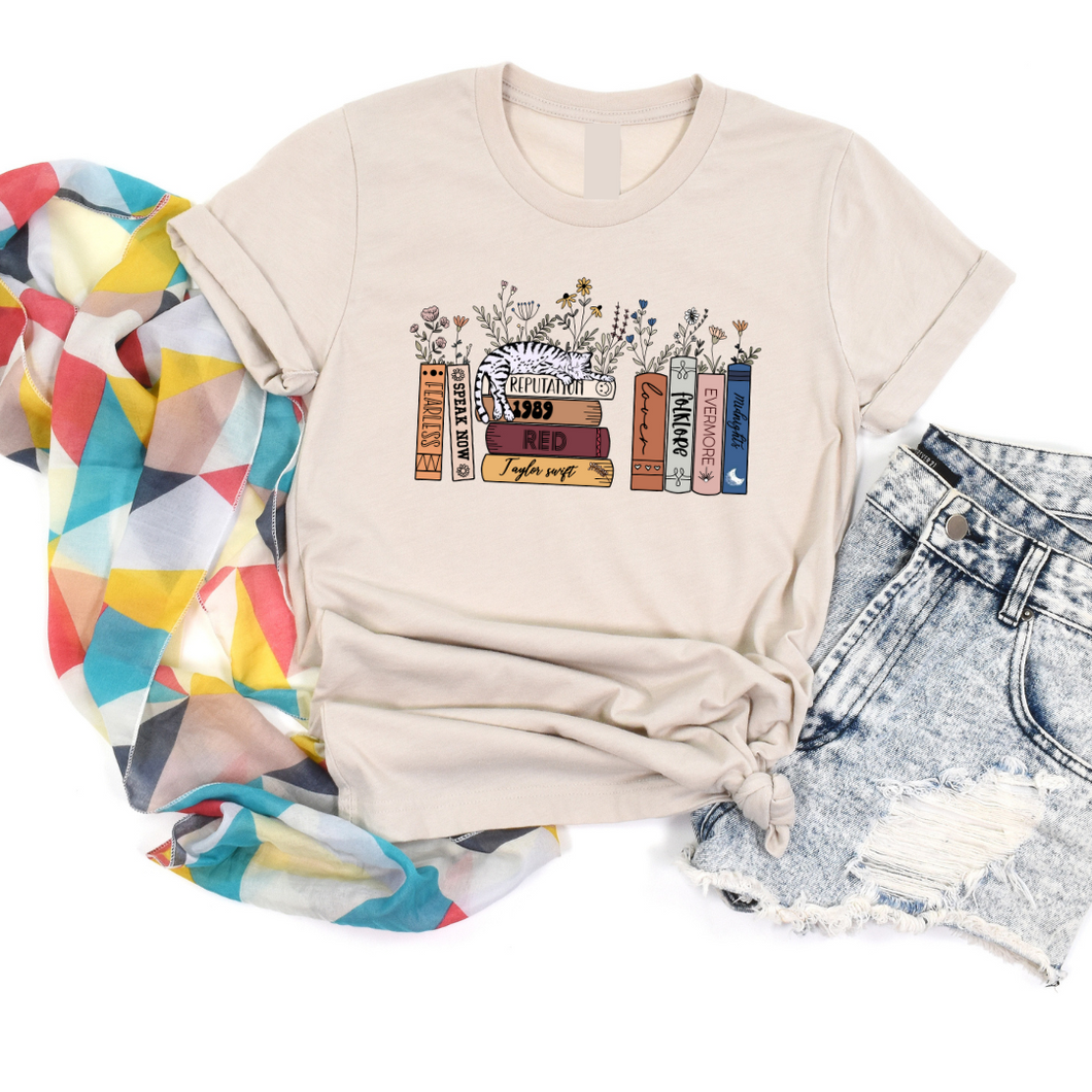 Taylor Swift Album Books with Cat Light Sand Tee